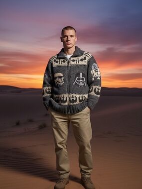 XL Handknit Cowichan Siwash  Sweater - Star Wars Death Star Vader Storm Trooper